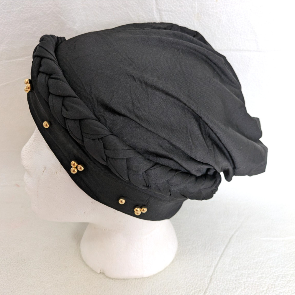 Womens Hijab Cap Black Gold Beads Twisted Braid Head Wrap Turban Chemo Headwear - Picture 2 of 4